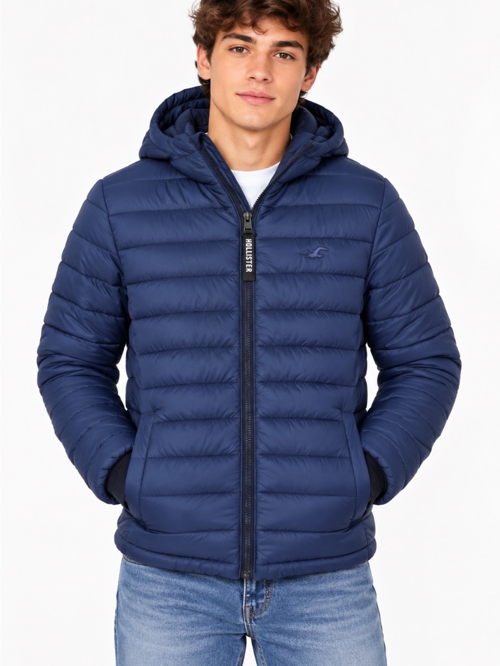 Hollister Men’s XS Navy Blue Hooded Puffer Jacket Coat | Flawed